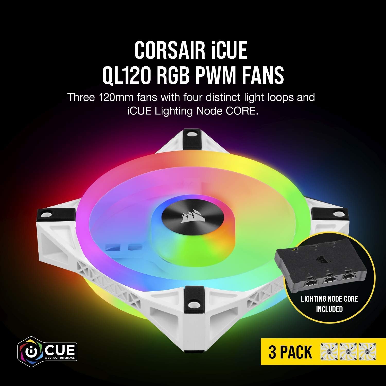 Corsair iCUE QL120 RGB. 120 mm RGB LED PWM Fans Triple Pack with iCUE Lighting Node CORE Included - White:圖片 2